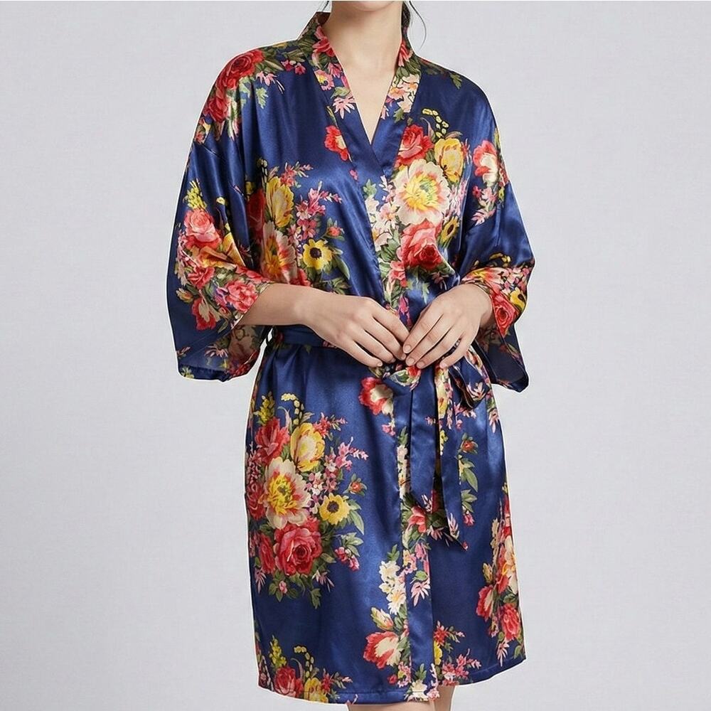 Lightweight Satin Navy Blue Floral Robe with Yellow Pink Belted - Picture 1 of 10